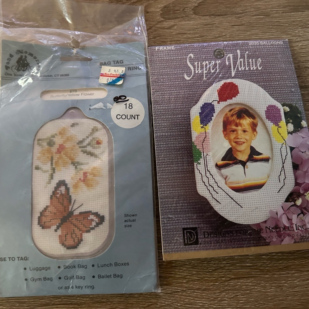 Set Of 2 Counted Cross Stitch Kits Bag Tag And Frame